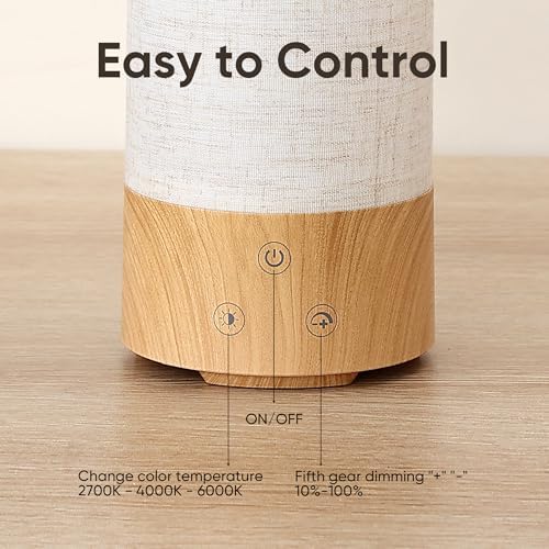 Caromolly Light Therapy Lamp, Happy Lamp 10,000 LUX UV Free with 3 Color Temperature & 5 Brightness Level, Full Spectrum Light Wood Base Round Flaxen Fabric Shade for Home, Office, 4" × 8.4”