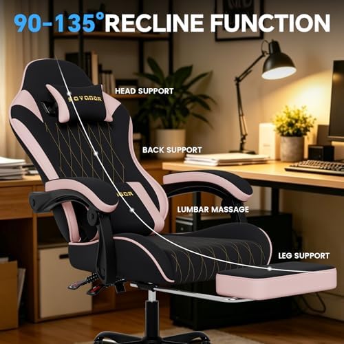 Breathable Fabric Gaming Chair with Footrest, Ergonomic High Back Computer Chair with Gold Diamond Stitching, Height Adjustable Swivel Office Chair with Lumbar Support for Adults,Blackpink