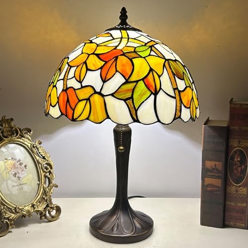 Tiffany Lamp Yellow Grapes Leaves Stained Glass Table Lamp Antique Desk Reading Light for Bedroom Living Room Home Decor LED Bulb Included