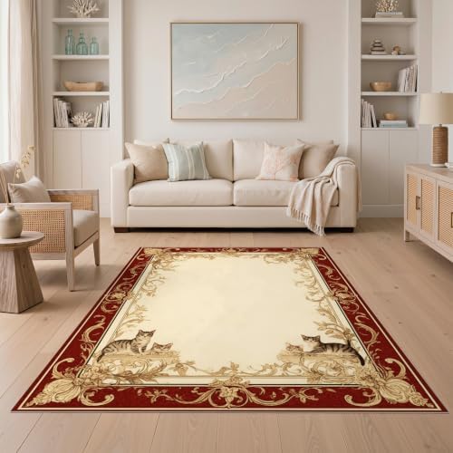 5'x7' Ivory Cat Crimson Motif with Swirls Ultra-Soft Area Rug