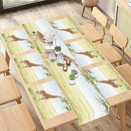 Linen Place Mats And Table Runner Set of 7 Heat Resistant Non-Slip Table Mats Boho Farmhouse Washable Giraffe Stretching Its Neck to Eat Leaves Placemats for Kitchen Dining Party Holiday Wedding Table