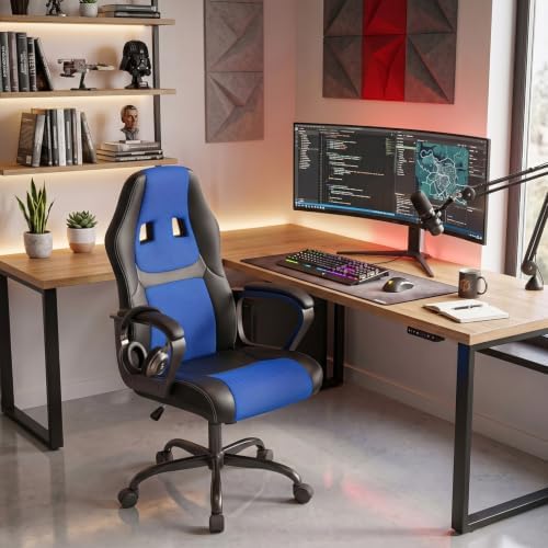 Ergonomic Office Chair Cheap Desk Chair PC Gaming Chair Rolling PU Leather Swivel Chair Executive Computer Chair Lumbar Support for Women, Men(Blue)
