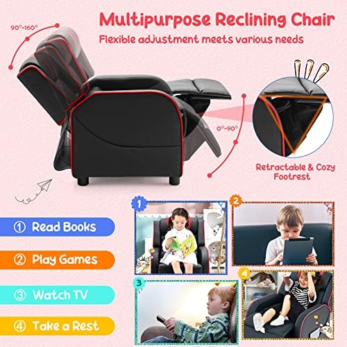 Costzon Kids Recliner, Gaming Recliner Chair w/Side Pockets, Footrest, Headrest & Lumbar Support for Kids Room & Play Room, Adjustable Racing Style Leather Sofa for Children Boys Girls (Red, Black)