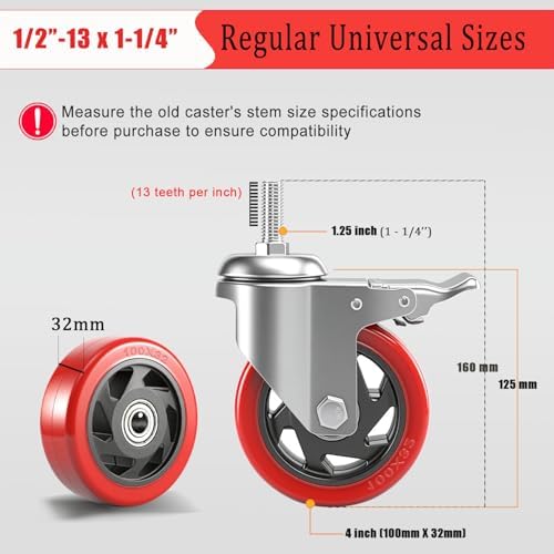 4 inch Caster Wheels 1/2 Threaded Stem Casters Set of 4 Heavy Duty