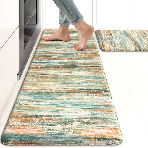KIMODE Kitchen Mats Cushioned Anti Fatigue,Cyan Abstract Farmhouse Rugs