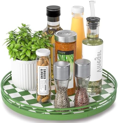AMH 12-Inch Green and White Checkerboard Lazy Susan with Rubberwood Base