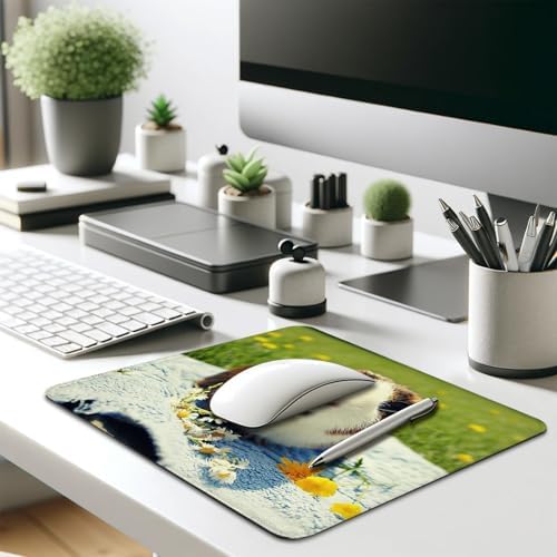 Cute Guinea Pig Eating Daisies Mouse Pad, Cavy with Flowers Grass Desk Mat