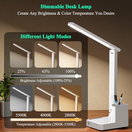 cozoo LED Desk Lamp USB A/C AC Pen Holder Dorm Home Office Desk Light White