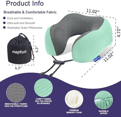 napfun Neck Pillow for Travel, Memory Foam Airplane Pillow, Turquoise