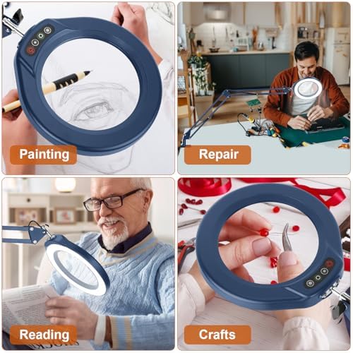 Veemagni 5 Inch Large Real Glass Magnifying Glass with Light and Stand, 5 Color Modes Stepless Dimmable, 2 * 16 Inch Swivel Arm LED Clamp Desk Lamp, Hands Free 15X Lighted Magnifier for Crafting-Blue