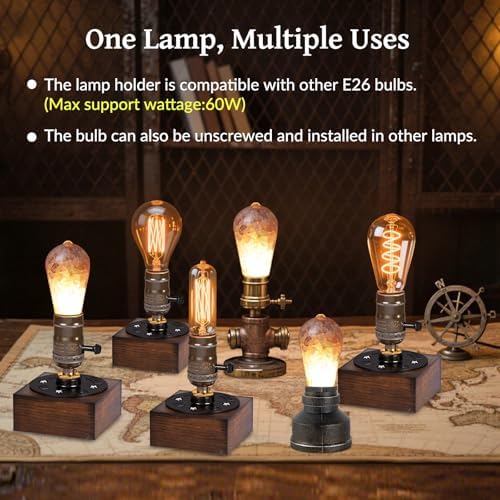Lustaled Vintage Table Lamp, E26 Retro Lamp with 5W E26 LED Bulb, 3000K Warm White Industrial Style Nightlight Antique Lamps for Cafe Bar Bedroom Living Room Decor Entryway, Non Dimmable