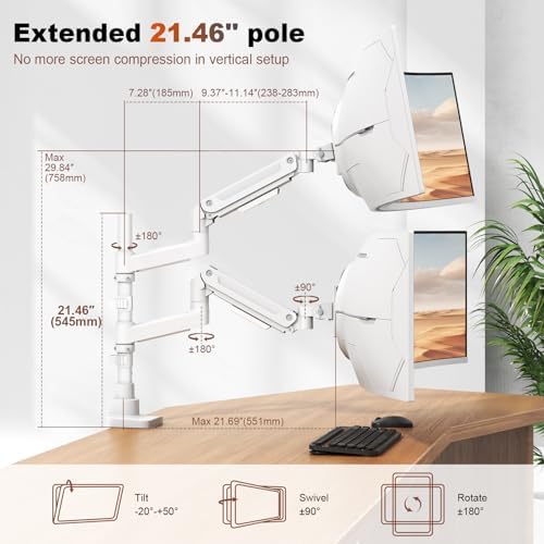 Heavy Duty Dual Monitor Arm for 17-49" Screens, Vertical Stack, 44lbs