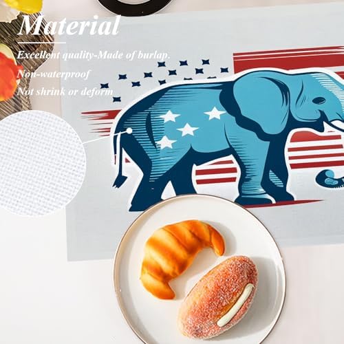 Shrahala American Flag Set of 6 12 X 18 Inch Linen Placemats, Stars and Stripes Elephant Burlap Table Mat Washable Double Layered Heat Insulation for Indoor/Outdoor