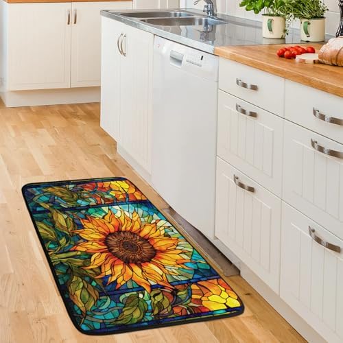 Kitchen Mats, Glass Sunflower Kitchen Rugs, Cushioned Anti Fatigue Kitchen Mats, Non-Slip Standing Desk Mat, Absorbent Kitchen Rug for Floor, Kitchen, Office, Sink, 20"×39"