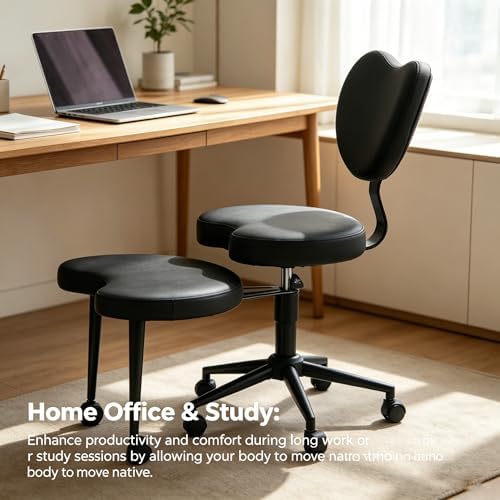 Ergonomic ADHD Criss Cross Legged Office Desk Chair - Meditation Kneeling Yoga Chair Adjustable Height with Wheels Lumbar Support, 360° Swivel Wider Footrest for Home Work, Black