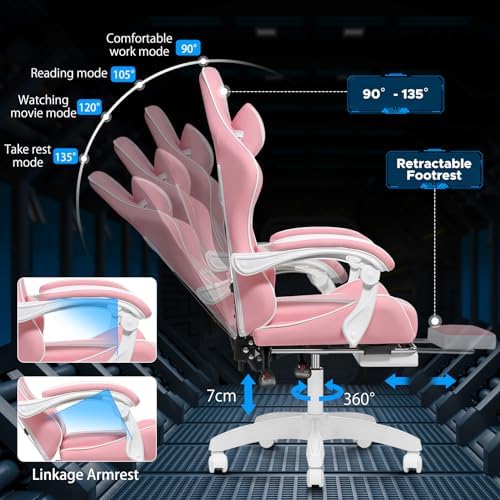Pink Gaming Chair with Massage Footrest Ergonomic Computer Chair for Girls