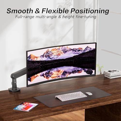 AOC 406PLUS Premium Aluminum Single Monitor Arm, Fits 13–34 Inch and 19.84 lbs, Mechanical Spring Desk Mount,C-Clamp,Low-Profile Gaming Bracket Enables Screen to Sit Close to Desktop(Gray)