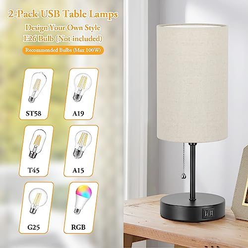 Lakumu 2 Sets Table Lamps with 2 USB, Minimalist Beside Lamps for Bedroom