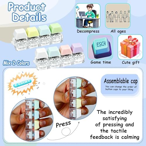 2 PCS Keyboard Fidget Toy, Keyboard Fidget Keychain 4-in-1 Keyboard Decompression Button Finger Clicker Toys, Button Stress Relief Fidget Gifts to Relief Stress (Blue White Pink Purple)