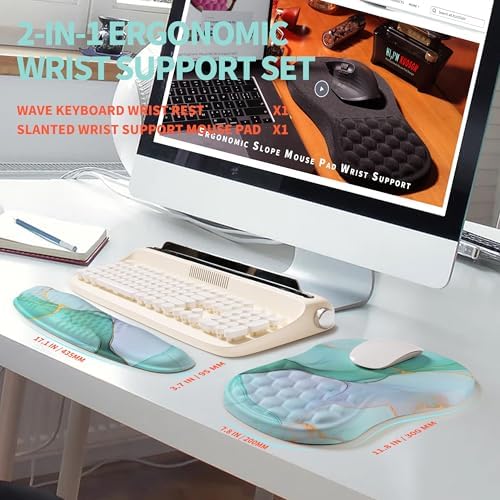 2-in-1 Ergonomic Set, Wave Rise Keyboard Wrist Rest and Massage Bulge Slope Mouse Pad Wrist Support, Cushion Memory Foam Integrated to Relieve Wrist Pain, Blue Gold Marble