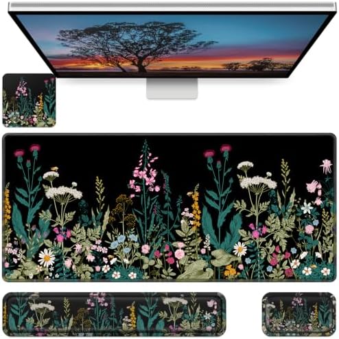 4 in1 Desk Mat, Large Gaming Mouse Pad with Wrist Rest Floral