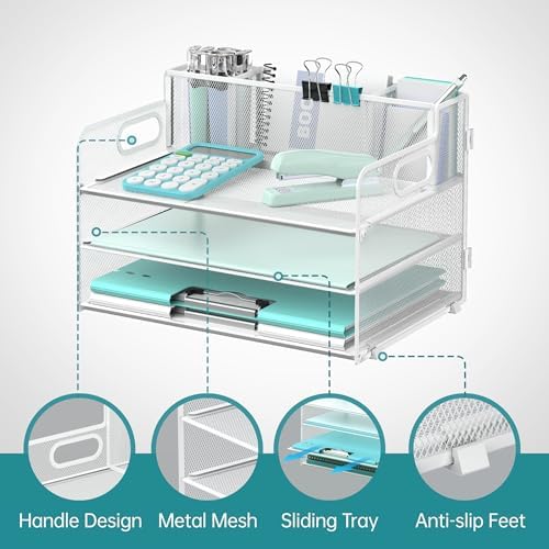 3-Tier Desk Organizer with Pen Holder and Handles, Paper Organizer, White