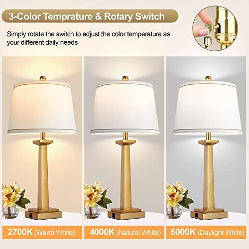 ROTTOGOON 29" Gold Table Lamps for Living Room Set of 2, 3-Color Temperature Nightstand Modern Lamps with Dual USB Charging Ports, Resin Brass Tall Lamp for Bedrooms (LED Bulbs Included)