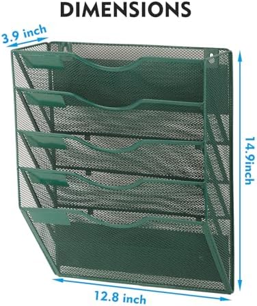 EASEPRES Magnetic 5 Pocket Mesh Hanging File Organizer, Wall Mounted Mail Paper Document Folder Holder, Clipboard Storage Organization Magazine Rack with Nametag Label for Office School, Dark Green
