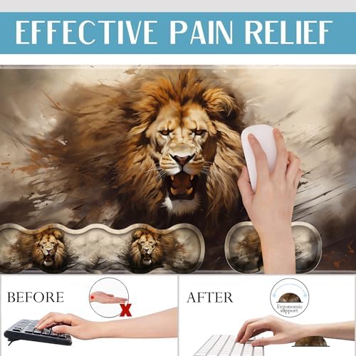 4 in 1 Mouse Pad Combo, Large Gaming Mouse Pad + Keyboard Wrist Support + Mouse Wrist Rest + Coaster, Table Pad with Stitched Edge Ergonomic Wrist Pad Set, Lion