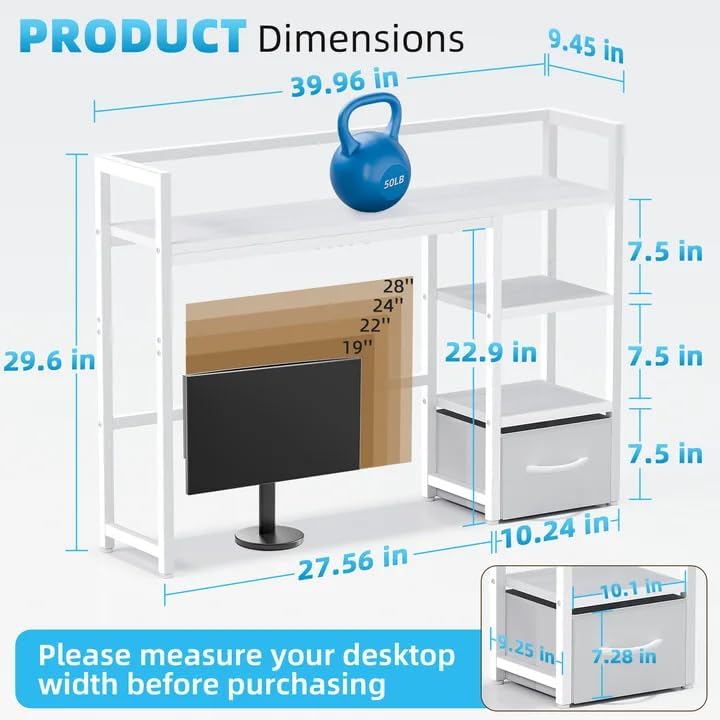 Marbrasse Desk Shelf with Drawer, 40" Desk Hutch for Computer Monitor, Desk Shelf for top of Desk, Wooden Desktop Bookshelf Storage Rack for Home Office Dorm - White