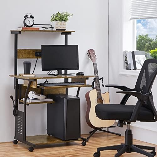 Yaheetech Small 3-Tier Rolling Computer Desk, Power Outlet, Rustic Brown