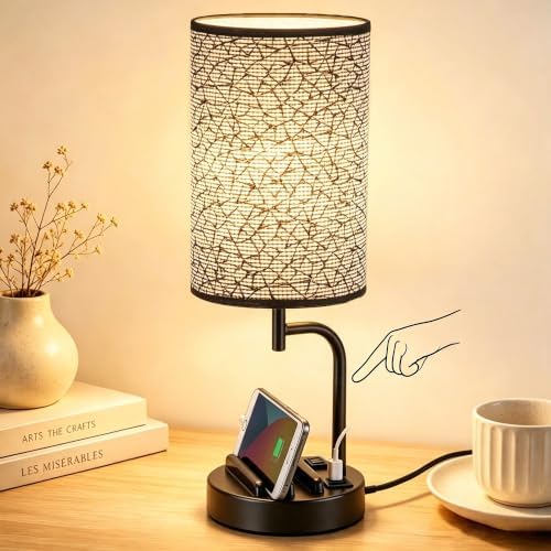 Dreamholder Touch Control USB Table Lamp with USB C/A & AC Outlet, 3-Way Dimmable Bedside Lamp, Modern Nightstand Lamps for Bedroom Living Room Guest Room Office, Bulb Included, Miracle Black