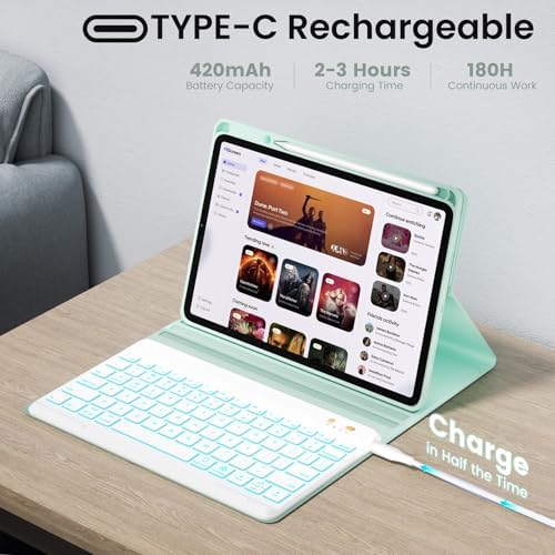 Keyboard case for ipad Air 11 inch(M2 2024)/10.9 Inch Air 5th 4th Generation & iPad Pro 11 inch (1st/2nd/3rd/4th Gen)-Backlit Detachable Keyboard, Folio Cover with Upper Easily Pencil Holder-(Green)