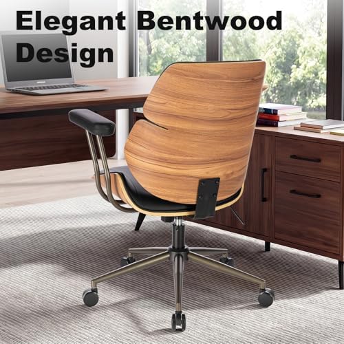 Mid Century Walnut Bentwood PU Leather Office Chair with Arms, Black