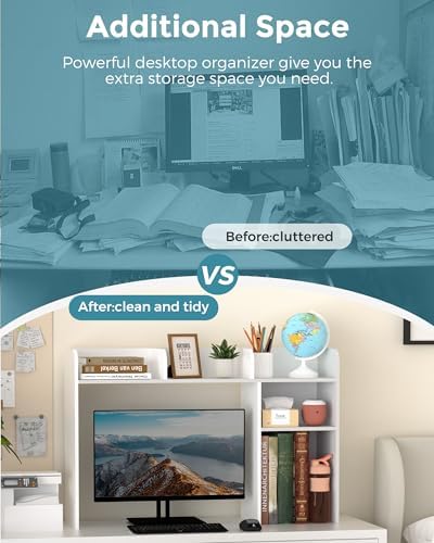 LAND·VOI Desktop Bookshelf, Countertop Storage Hutch with 5 Shelves for Computer Desk, Desk Organizer for Home Office Dorm, Dressing Tabletop, Bar Countertop, White EDS01W