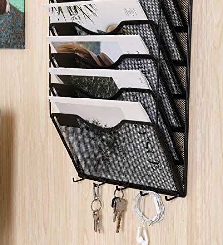 EasyPAG 8 Pocket Mesh Wall File Organizer with Key Hooks, Hanging Paper Folder Holder with Classify Label, Vertical Wall Mount Mail Organizer for Office Home Classroom, Black