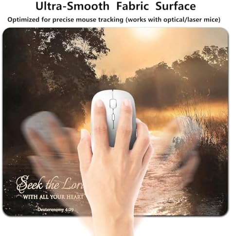 9.5x7.9 Inch Office/Gaming Mouse Pad, Seek The Lord with All Your Heart Christian Bible Verse Scripture Quote, Misty River Landscape at Sunrise Cute Anti-Slip Mat for Desk