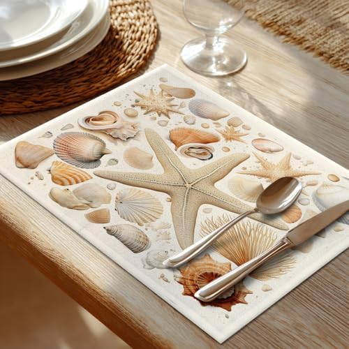 Shrahala Seashells Starfish Set of 8 12 X 18 Inch Linen Placemats, Beach Collection Burlap Table Mat Washable Double Layered Heat Insulation for Indoor/Outdoor