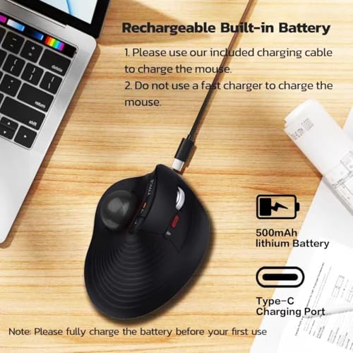 JOMAA Wireless Vertical Trackball Mouse - Ergonomic Design, 3-Device Switching, 2.4G/Bluetooth 5.0, Rechargeable Type-C, Adjustable DPI, Compatible with Windows/macOS/iOS/Android (Black)