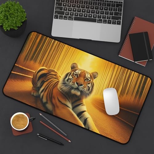 Tiger Stretching in a Golden Bamboo Grove - Premium Vibrant Colors Desk Mat