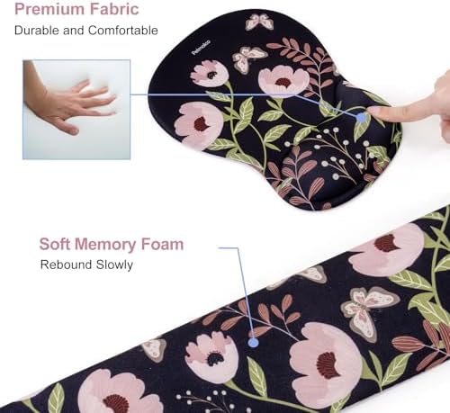 Petmolico Desk Pad Set with Wrist Rest for Keyboard & Mouse, Mint Flower