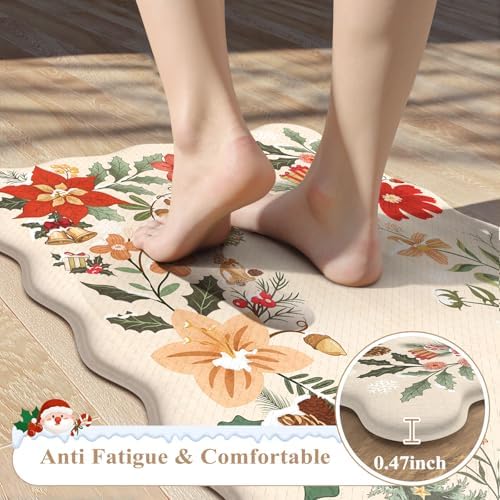 KIMODE Anti Fatigue Kitchen Mats, Christmas Decor Kitchen Floor Mats 17"x47"+17"x29", Farmhouse Tree Kitchen Rugs Sets of 2, Padded Standing Mats for Christmas Decorations Laundry Office Beige