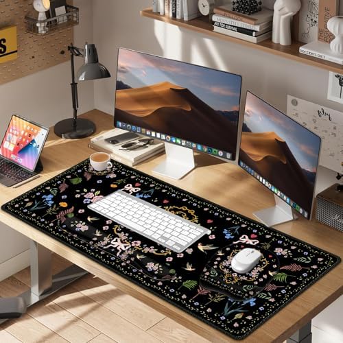 Mouse Pad with Wrist Support 4 in1 Set, XXL Big Game Mousepad + Keyboard Wrist Rest + Mouse Wrist Rest Pad +Coaster Gaming Mat for Home Office Work Computer Laptop I Vintage Floral Romantic Bow