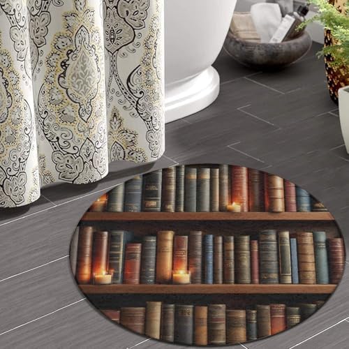 Large Machine Washable Circular Rugs, Home Decor Round Mat for Living Room Sofa Office Vintage Library Bookshelf Candlelight