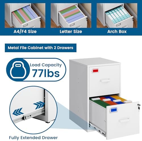 PEUKC 2 Drawer File Cabinet with Lock, 25.4" High Vertical Filing Cabinet, 17.7" Deep Metal Storage Cabinets for Home Office, Letter/Legal/A4/F4 Size, White(Assemble Required)