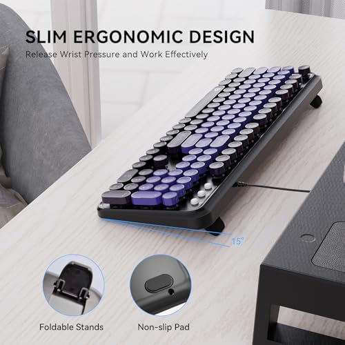 FOPETT 8870P Wired Keyboard and Mouse Combo - Full-Sized Computer Keyboards with 104 Round Keys Retro Typewriter Mouse and Keyboard for PC Windows Desktop Laptop - Purple Colorful