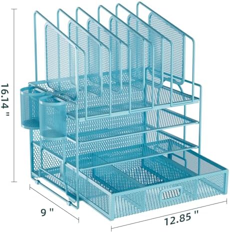 Marbrasse Desk Organizers, 4-Tier Mesh Desk File Organizer with 5 Vertical File Holders and 2 Pen Holders, Multifunction Desktop Organizer,Desk Organizers and Accessories for Home Office (Blue)