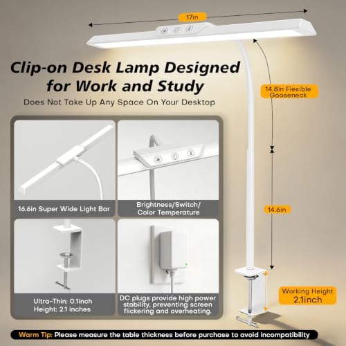 MOICO LED Desk Lamp with Clamp for Office Home-(White, 14.8in)