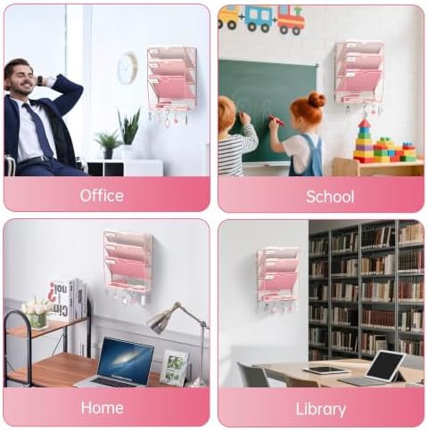 4-Tier Wall File Organizer and Mail Organizer with 5 Hooks, Pink