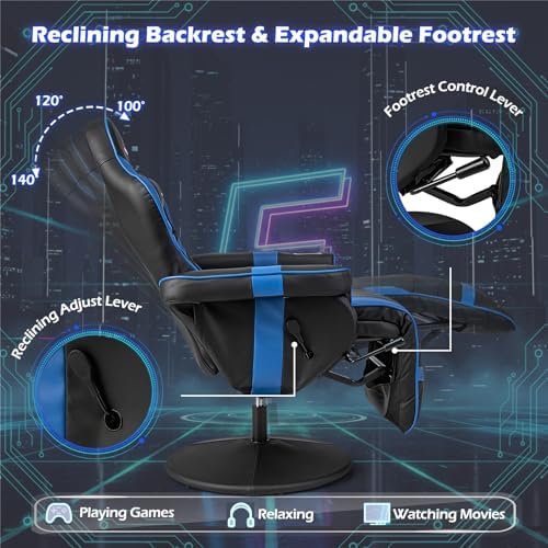 POWERSTONE Gaming Recliner, Adjustable Massage Gaming Chair with Cup Holder Footrest Ergonomic Single Sofa Living Room Home Theater Seating with Side Pouch (Navy Blue)
